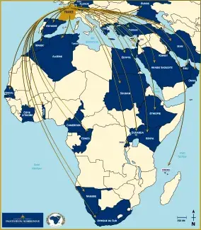 Carte indiquant les 33 pays de destination des stages réalisés, Afrique du Sud, Algérie, Allemagne, Arabie Saoudite, Belgique, Cameroun, Comores, Congo, Côte d'Ivoire, Égypte, Emirats Arabes Unis, Espagne, Éthiopie, France, Grèce, Iran, Israël, Kenya, Koweït, Liban, Maroc, Namibie, Palestine, Oman, Ouganda, Pays-Bas, Russie, Rwanda, Sénégal, Soudan, Togo, Tunisie, Turquie